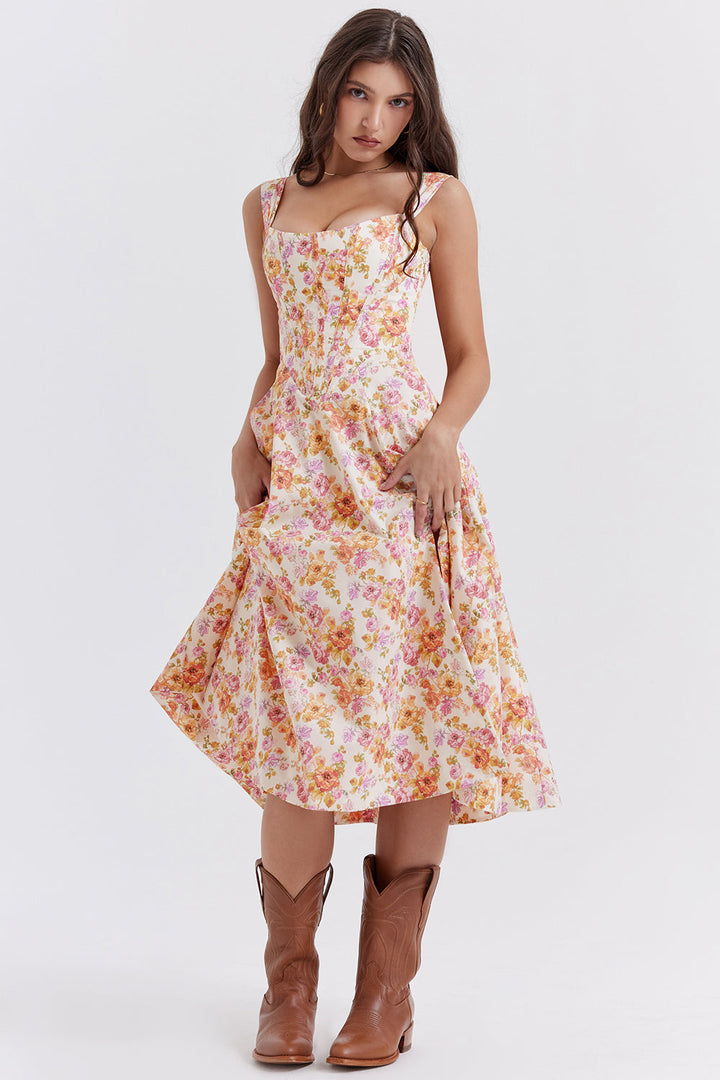 Women's midi dress made of viscose with floral pattern and V-neckline