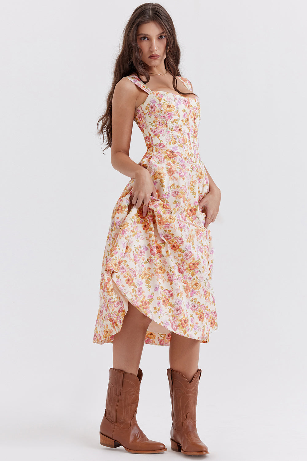 Women's midi dress made of viscose with floral pattern and V-neckline