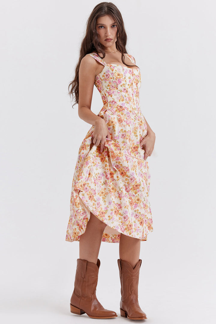 Women's midi dress made of viscose with floral pattern and V-neckline
