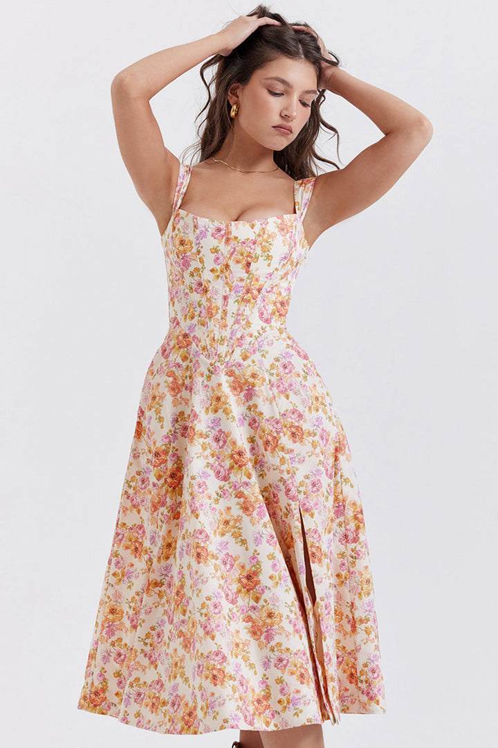 Women's midi dress made of viscose with floral pattern and V-neckline