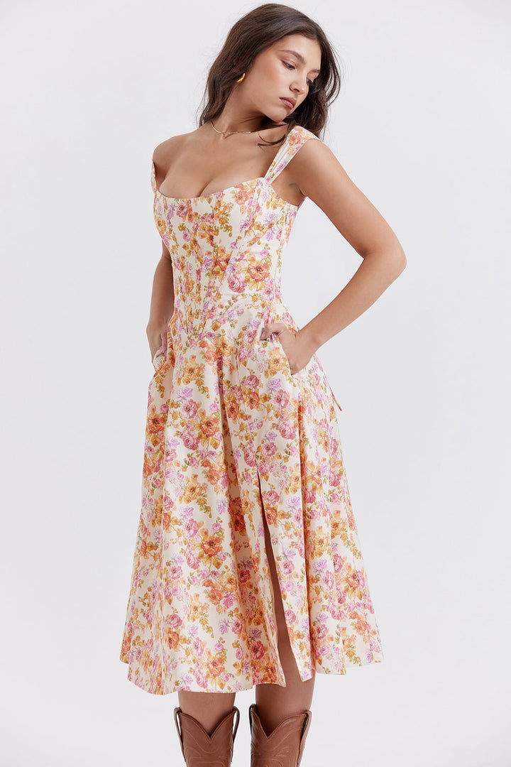 Women's midi dress made of viscose with floral pattern and V-neckline