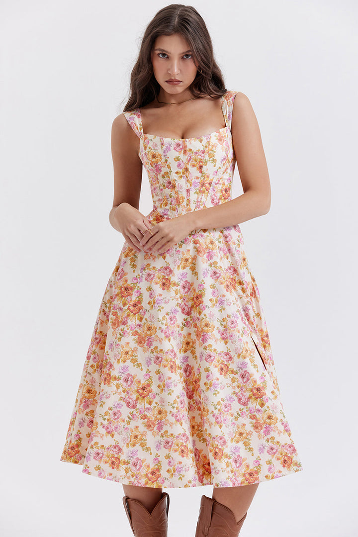 Women's midi dress made of viscose with floral pattern and V-neckline