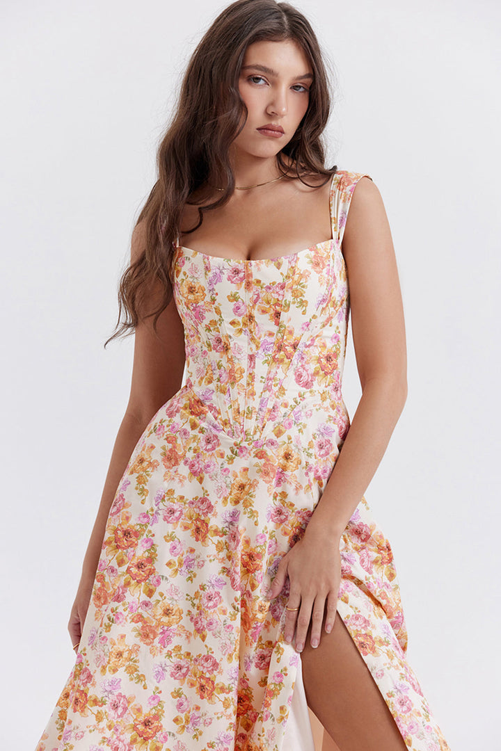 Women's midi dress made of viscose with floral pattern and V-neckline