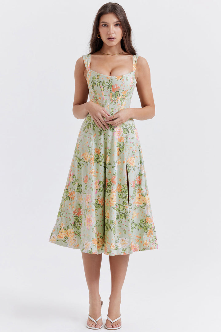 Women's midi dress made of viscose with floral pattern and V-neckline