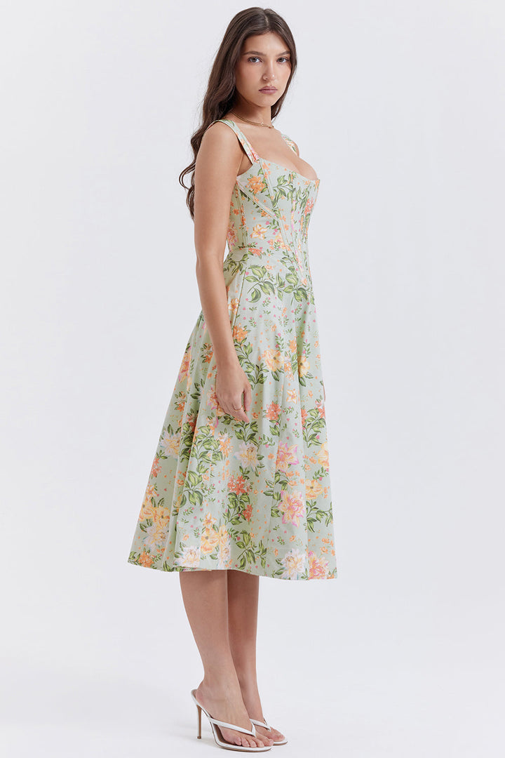 Women's midi dress made of viscose with floral pattern and V-neckline