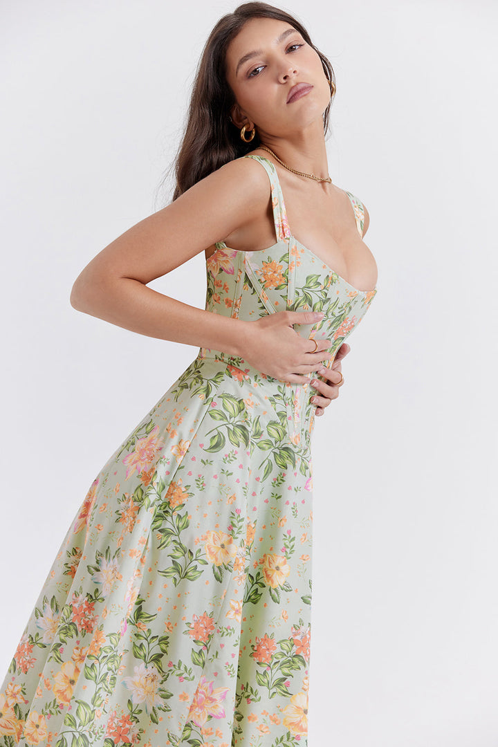 Women's midi dress made of viscose with floral pattern and V-neckline