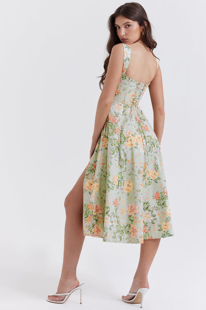 Women's midi dress made of viscose with floral pattern and V-neckline