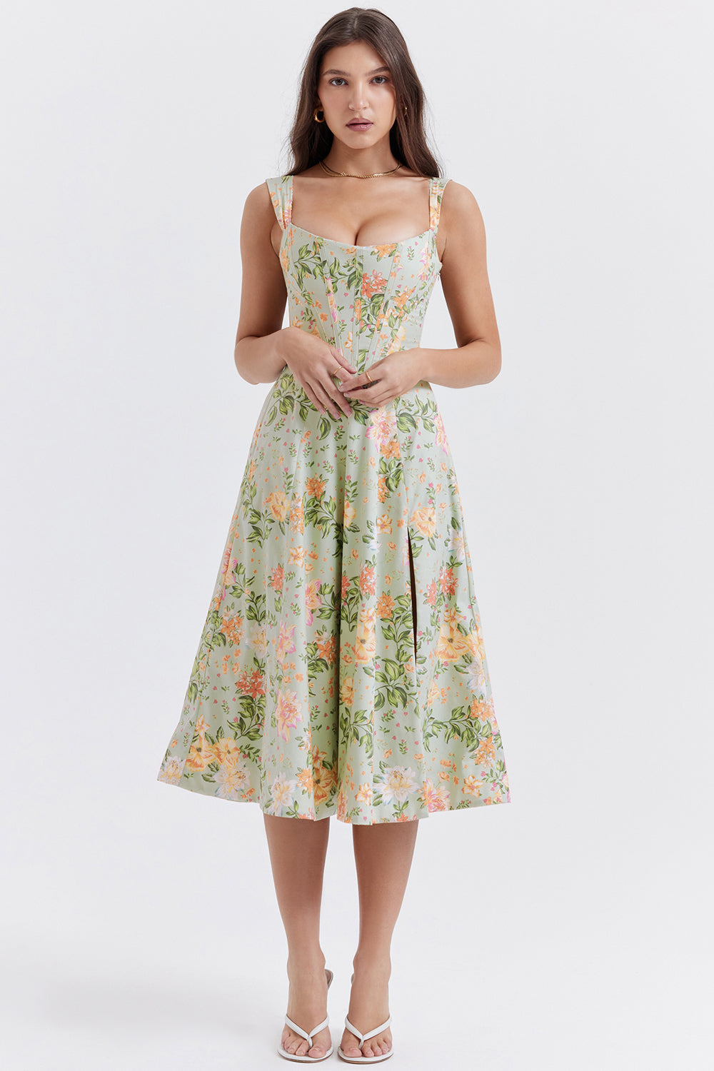 Women's midi dress made of viscose with floral pattern and V-neckline