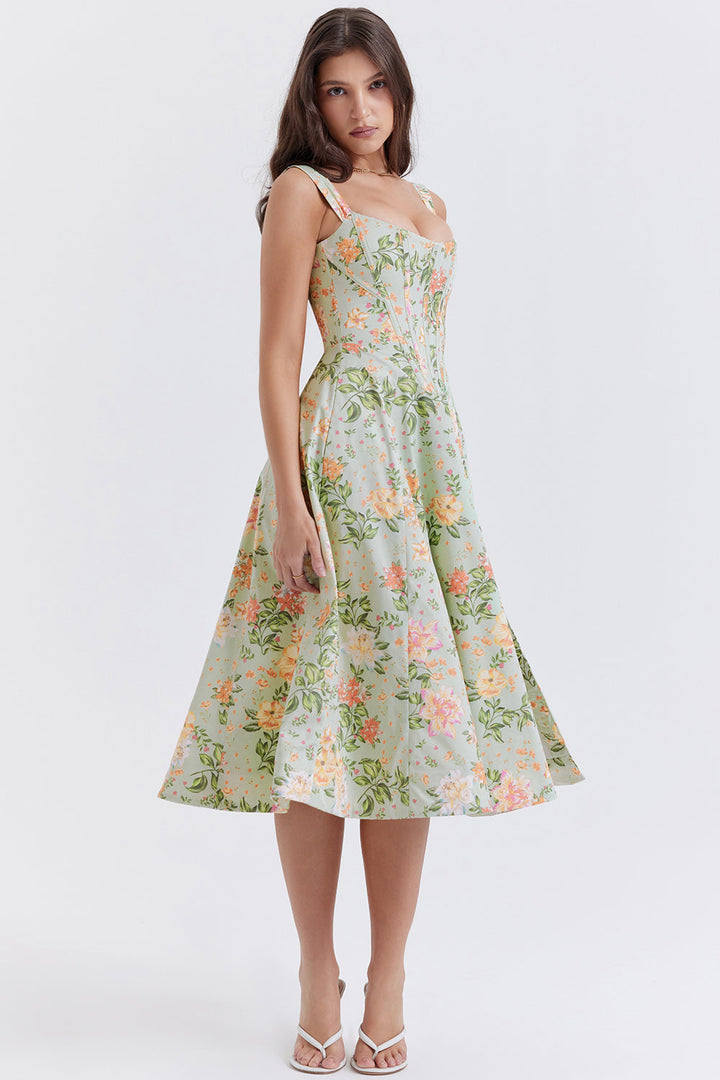 Women's midi dress made of viscose with floral pattern and V-neckline