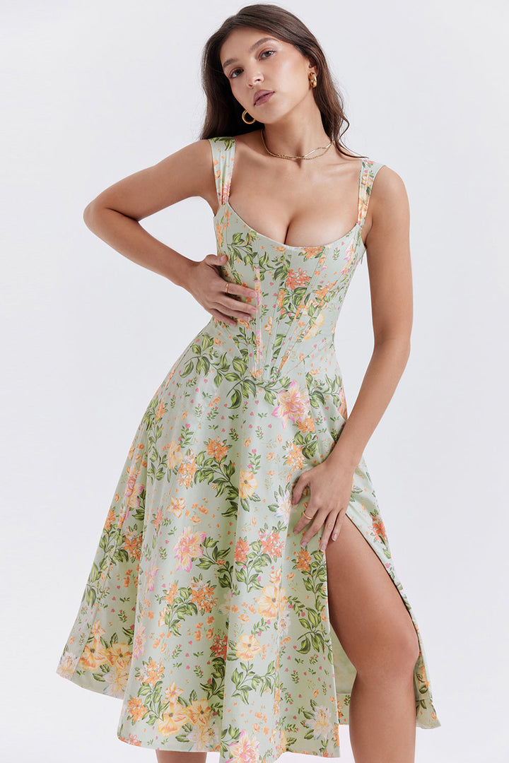 Women's midi dress made of viscose with floral pattern and V-neckline