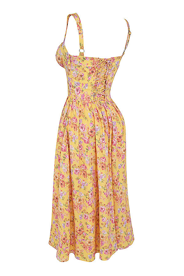 Women's midi dress made of viscose with floral pattern and V-neckline