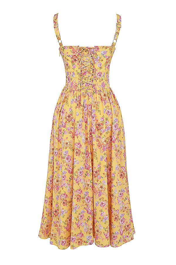 Women's midi dress made of viscose with floral pattern and V-neckline