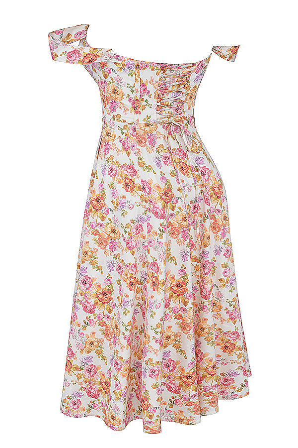 Women's midi dress made of viscose with floral pattern and V-neckline
