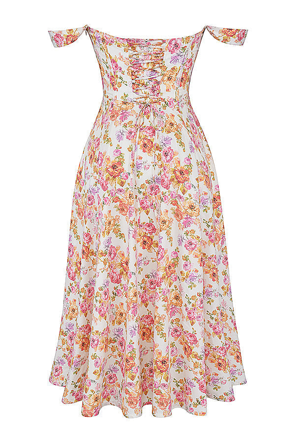 Women's midi dress made of viscose with floral pattern and V-neckline