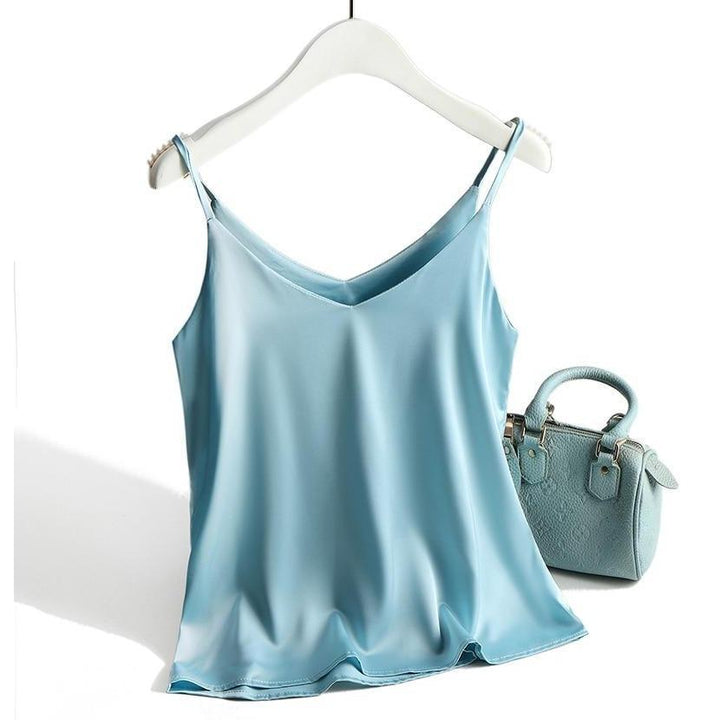 Women's satin top with spaghetti straps and V-neckline