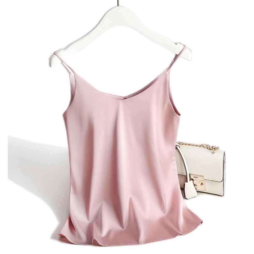 Women's satin top with spaghetti straps and V-neckline