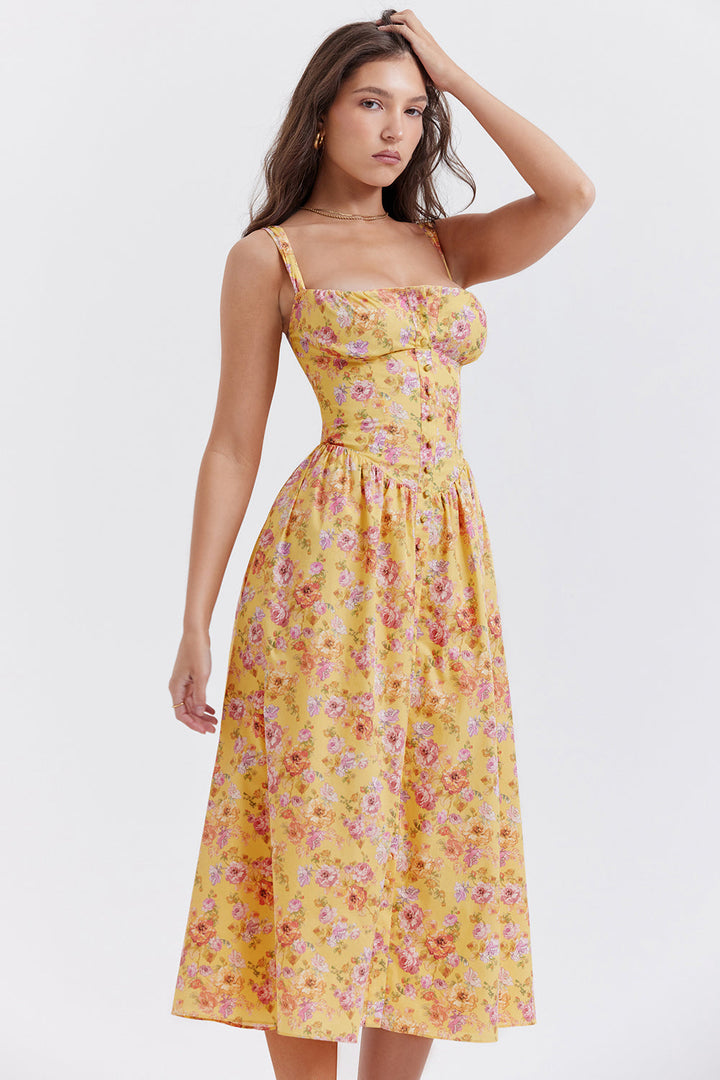 Women's midi dress made of viscose with floral pattern and V-neckline