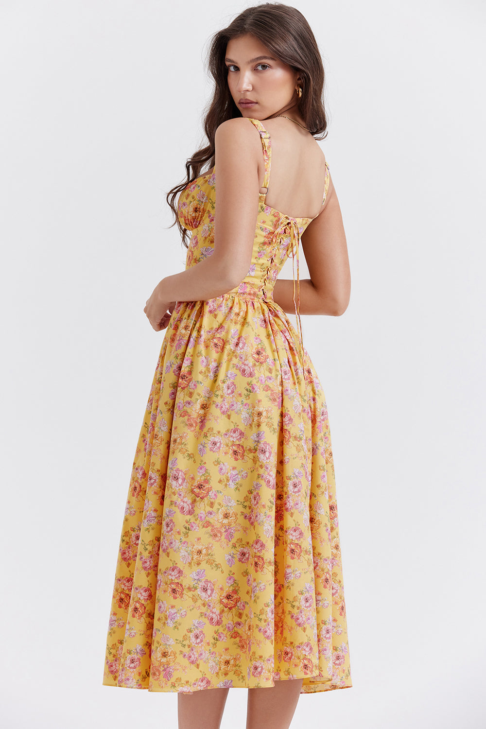 Women's midi dress made of viscose with floral pattern and V-neckline