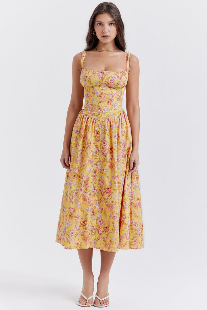 Women's midi dress made of viscose with floral pattern and V-neckline