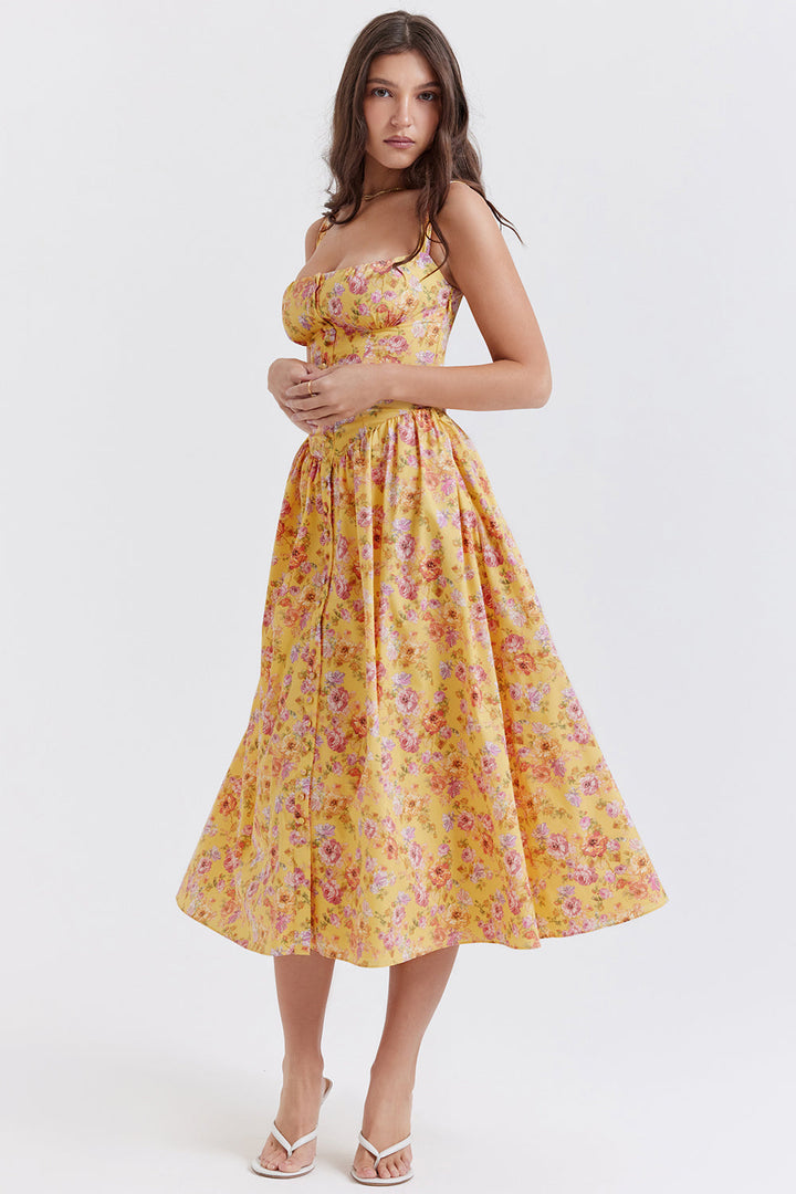 Women's midi dress made of viscose with floral pattern and V-neckline