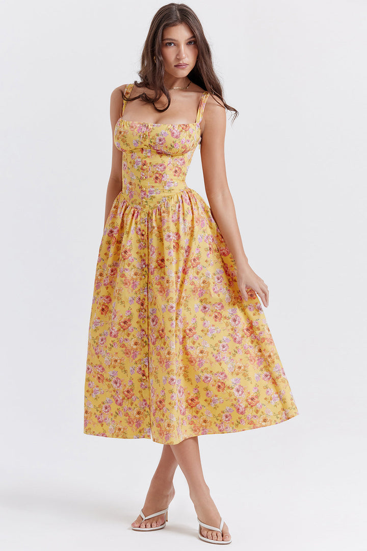 Women's midi dress made of viscose with floral pattern and V-neckline