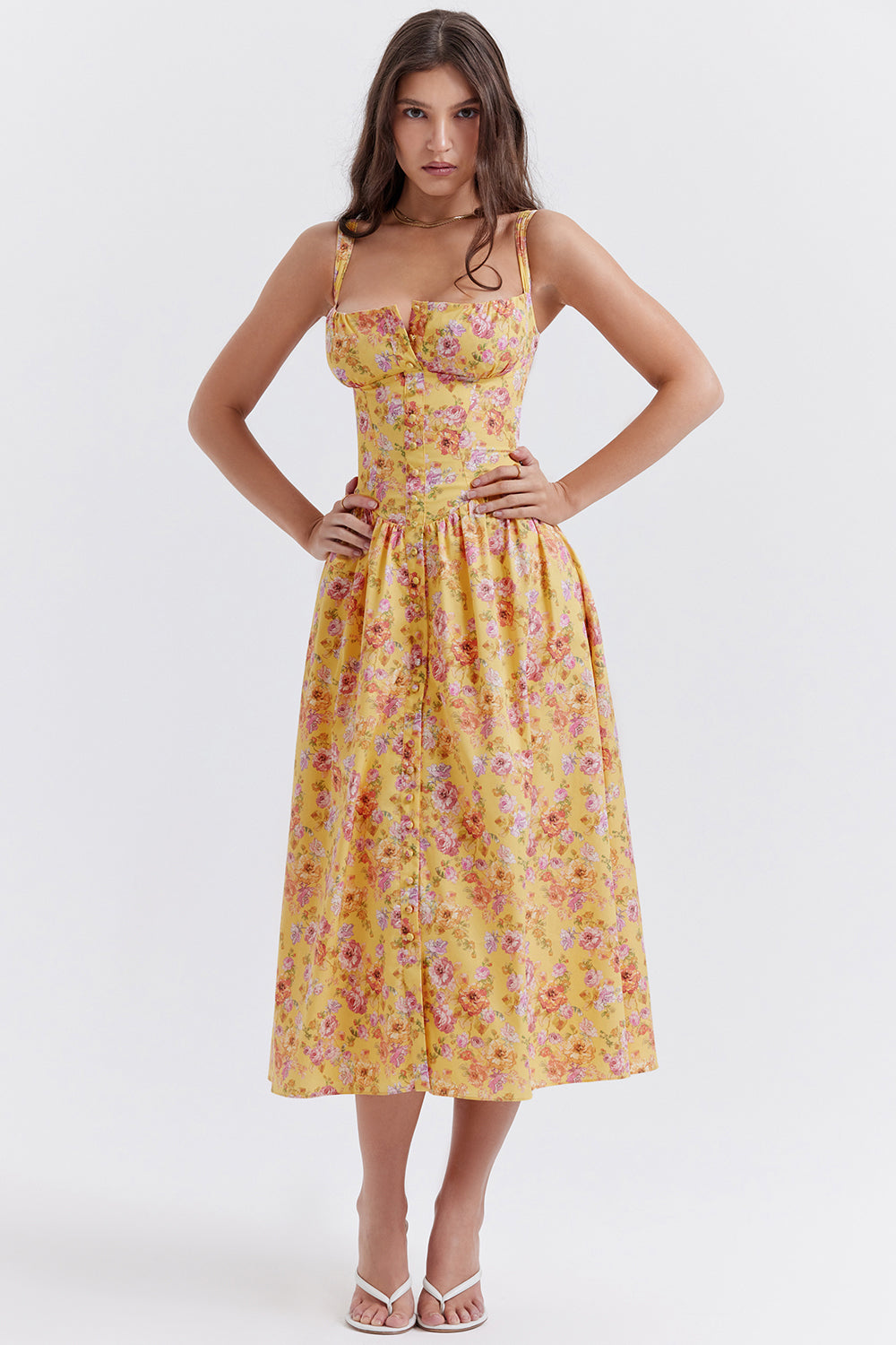 Women's midi dress made of viscose with floral pattern and V-neckline