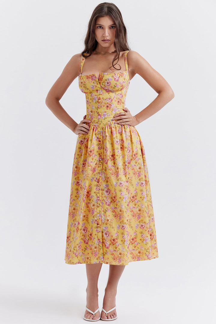 Women's midi dress made of viscose with floral pattern and V-neckline