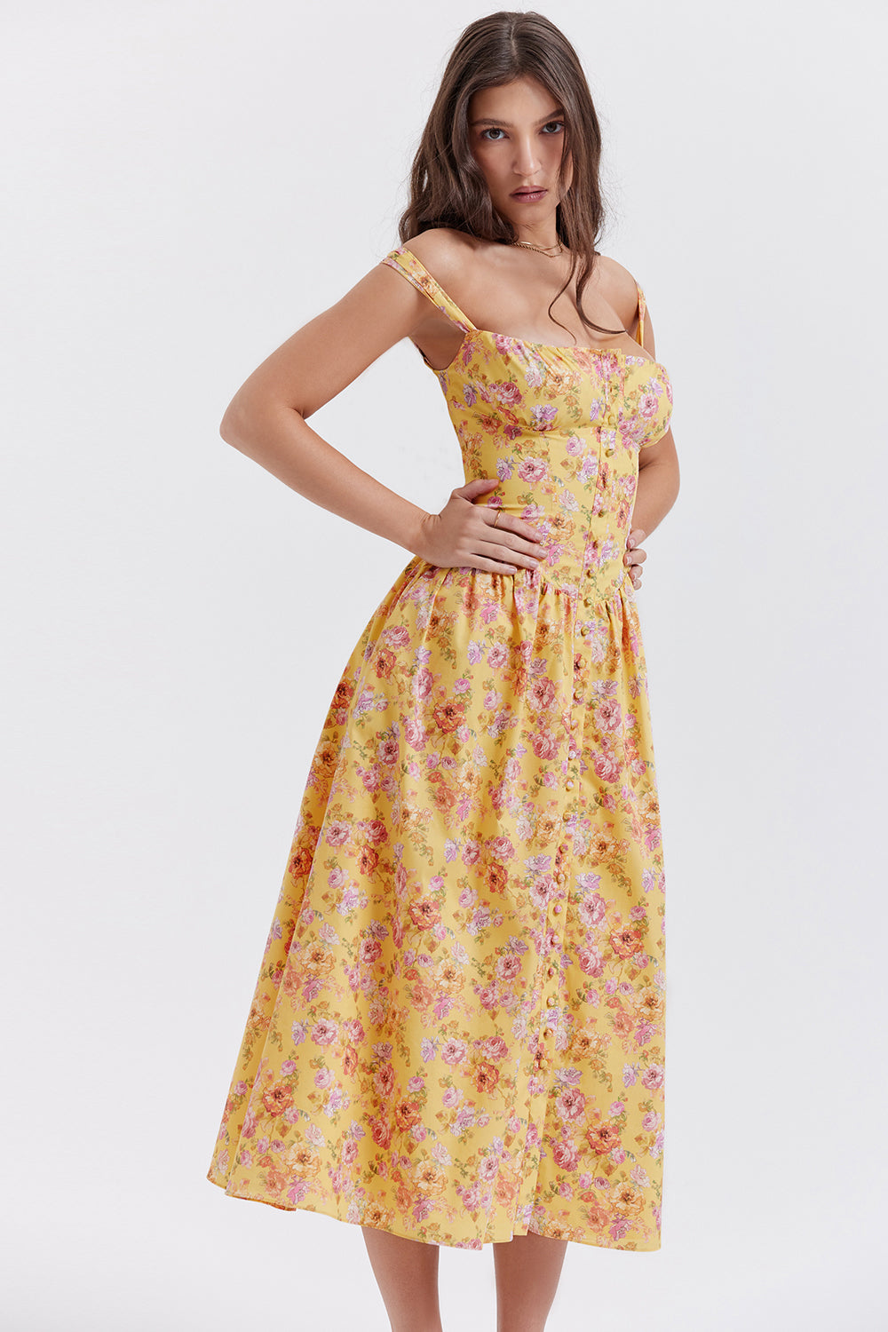 Women's midi dress made of viscose with floral pattern and V-neckline