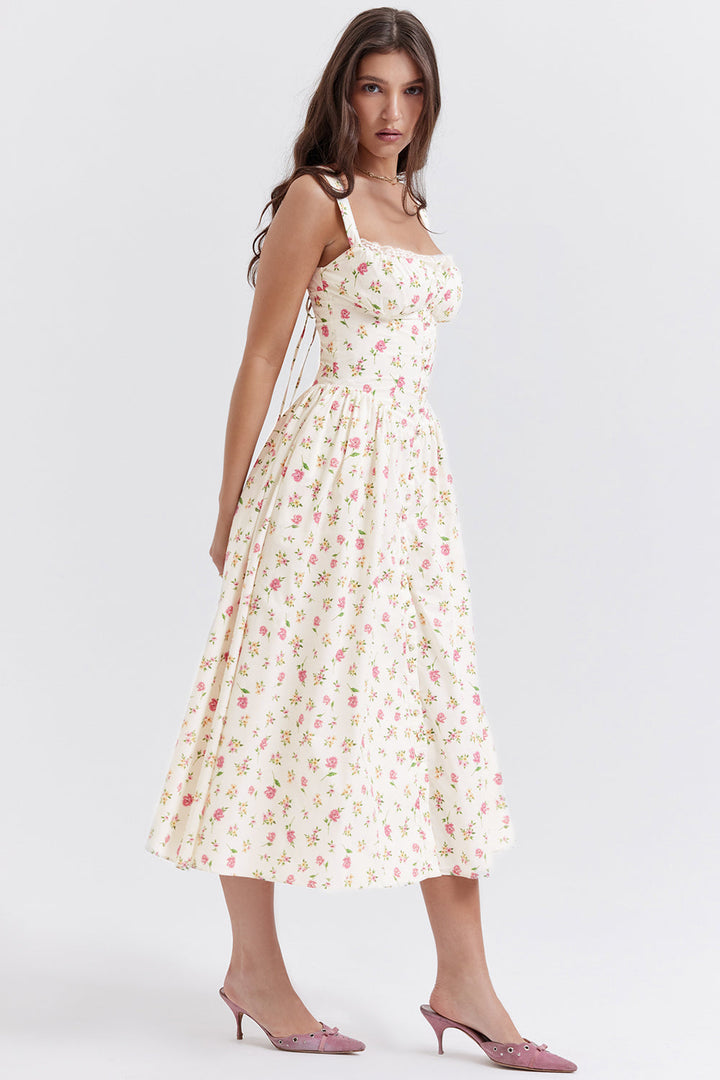 Women's midi dress made of viscose with floral pattern and V-neckline