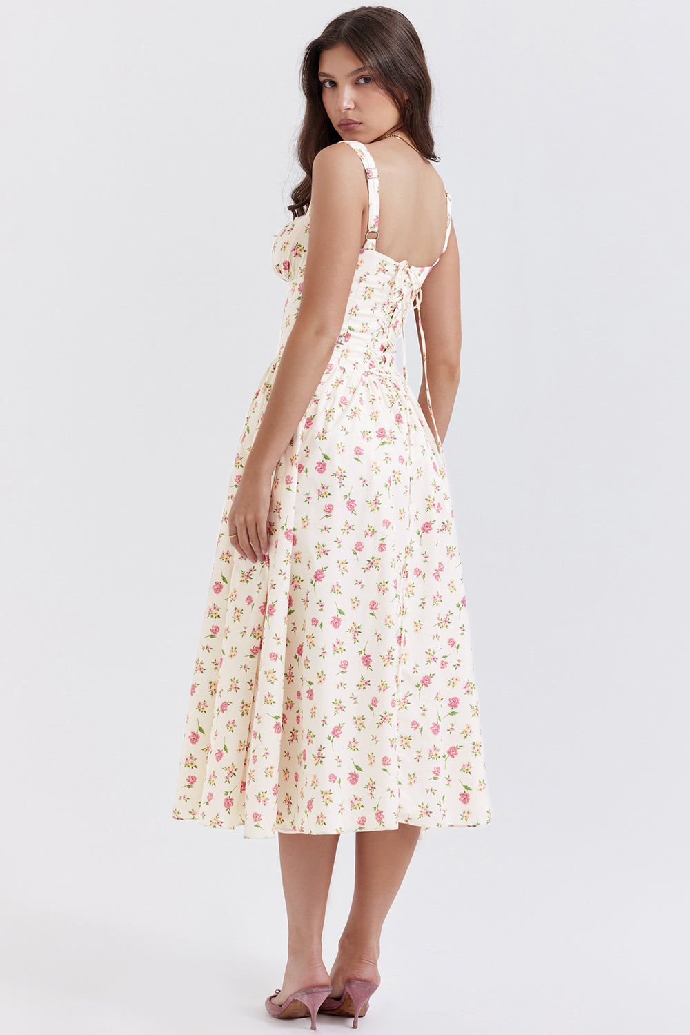 Women's midi dress made of viscose with floral pattern and V-neckline