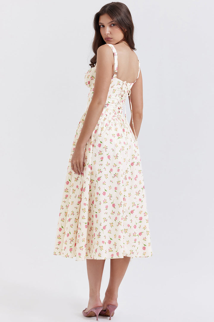 Women's midi dress made of viscose with floral pattern and V-neckline