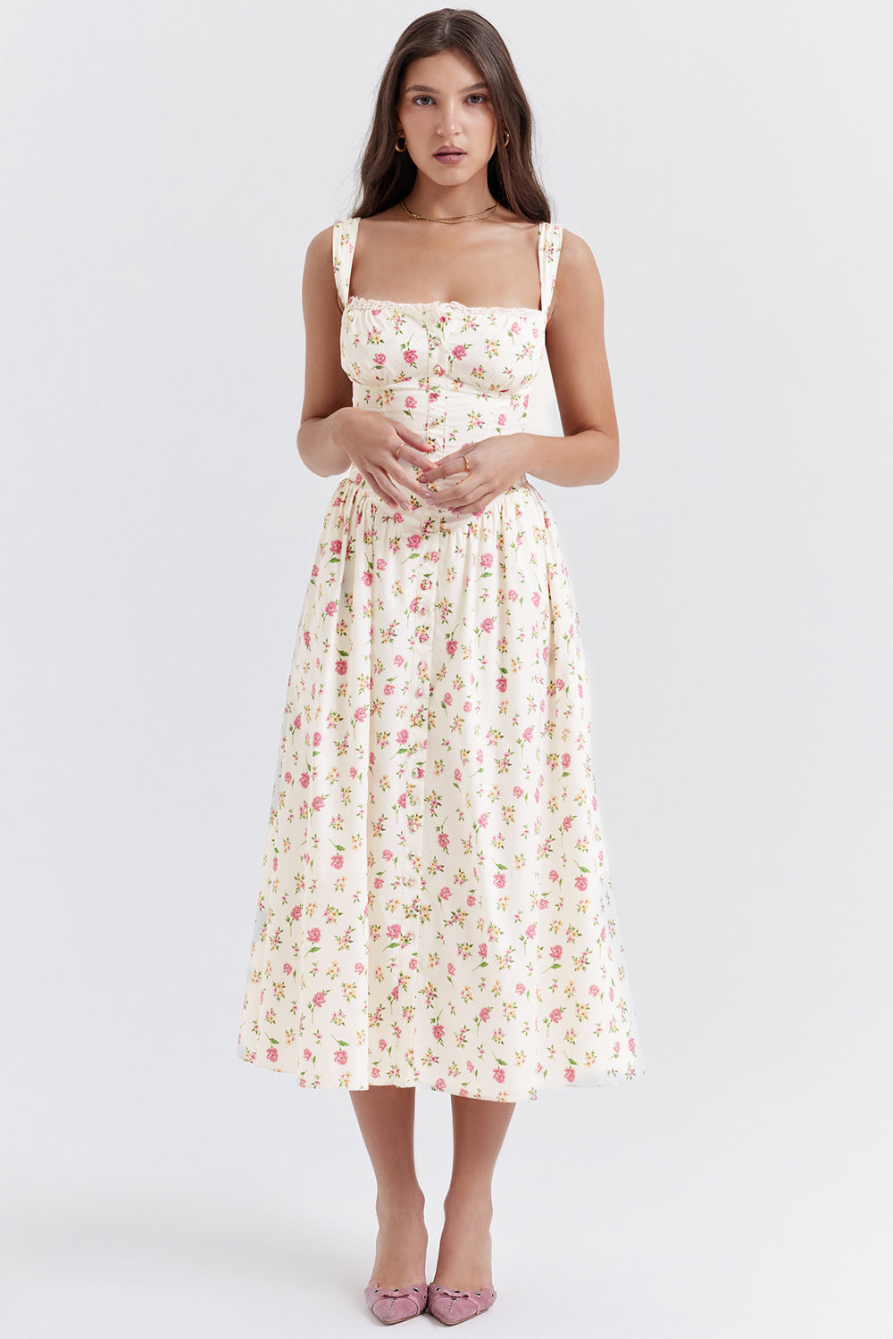Women's midi dress made of viscose with floral pattern and V-neckline