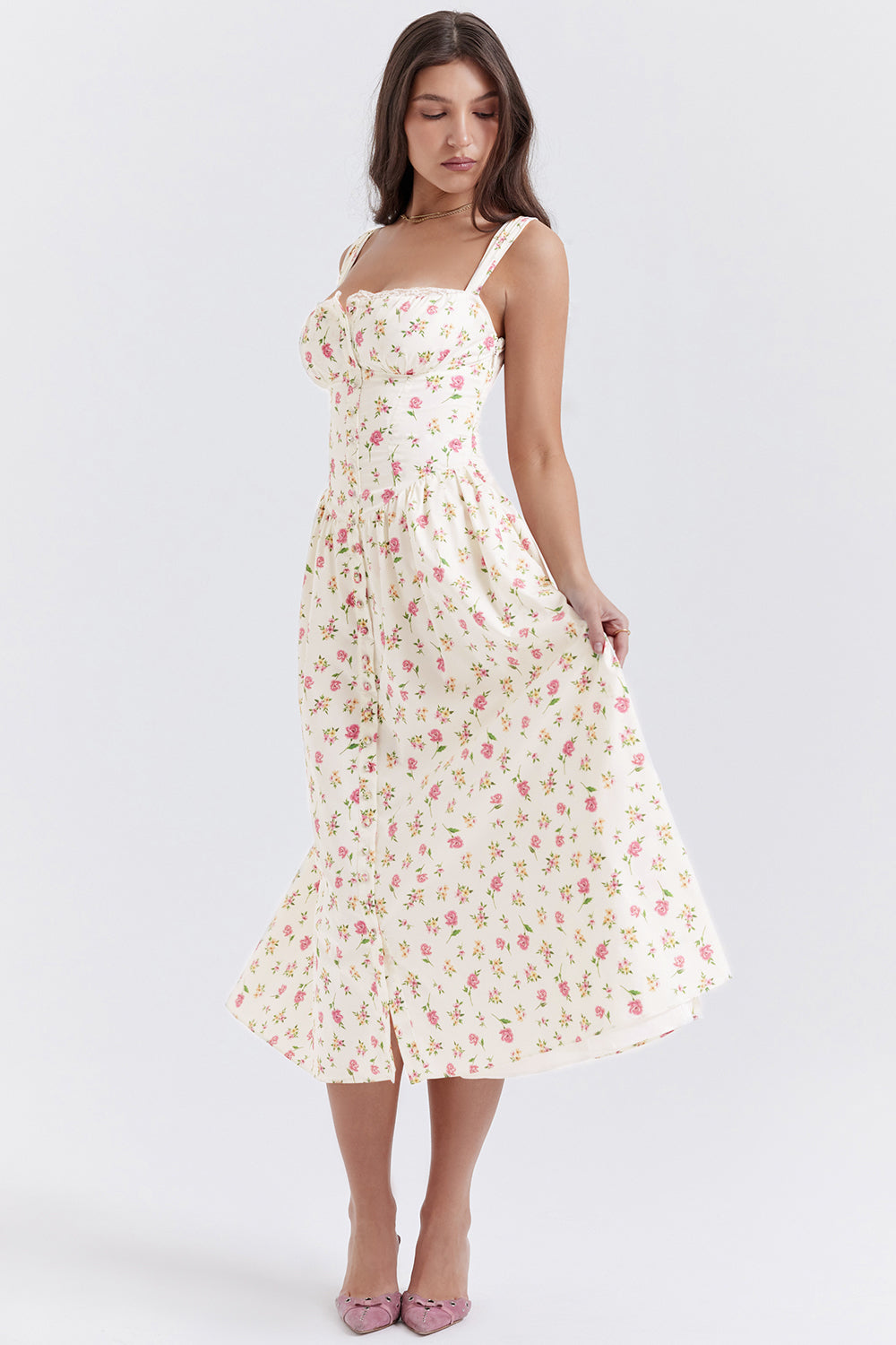 Women's midi dress made of viscose with floral pattern and V-neckline
