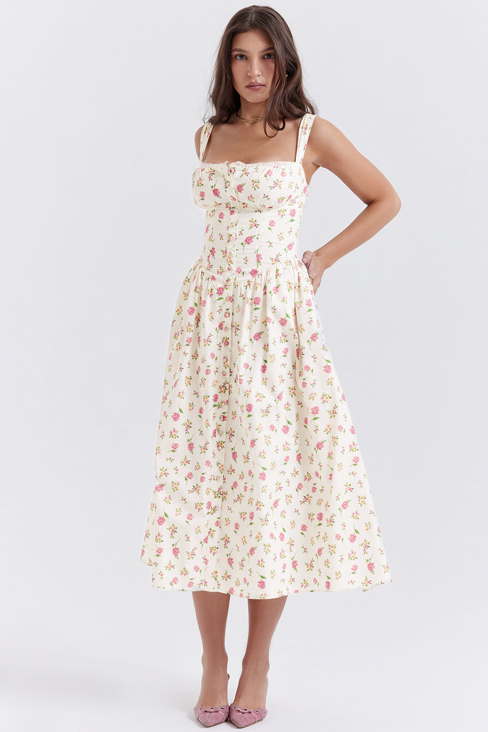 Women's midi dress made of viscose with floral pattern and V-neckline