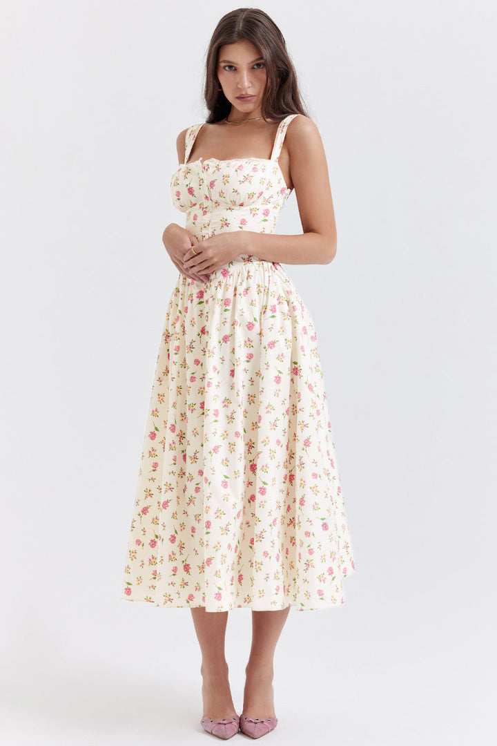 Women's midi dress made of viscose with floral pattern and V-neckline