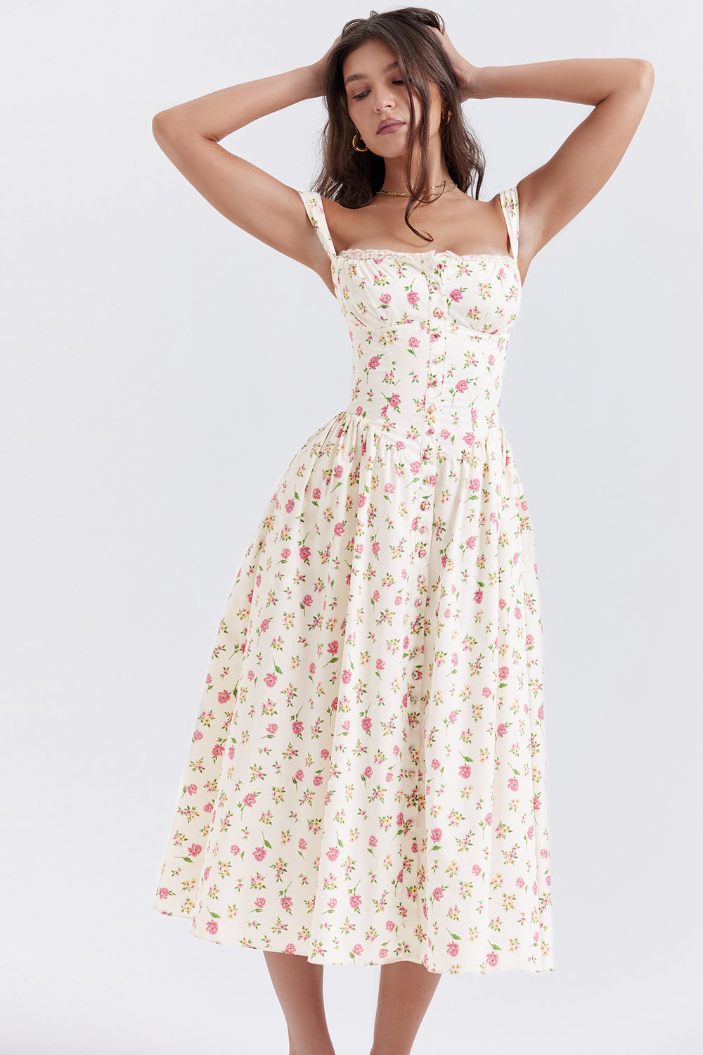 Women's midi dress made of viscose with floral pattern and V-neckline
