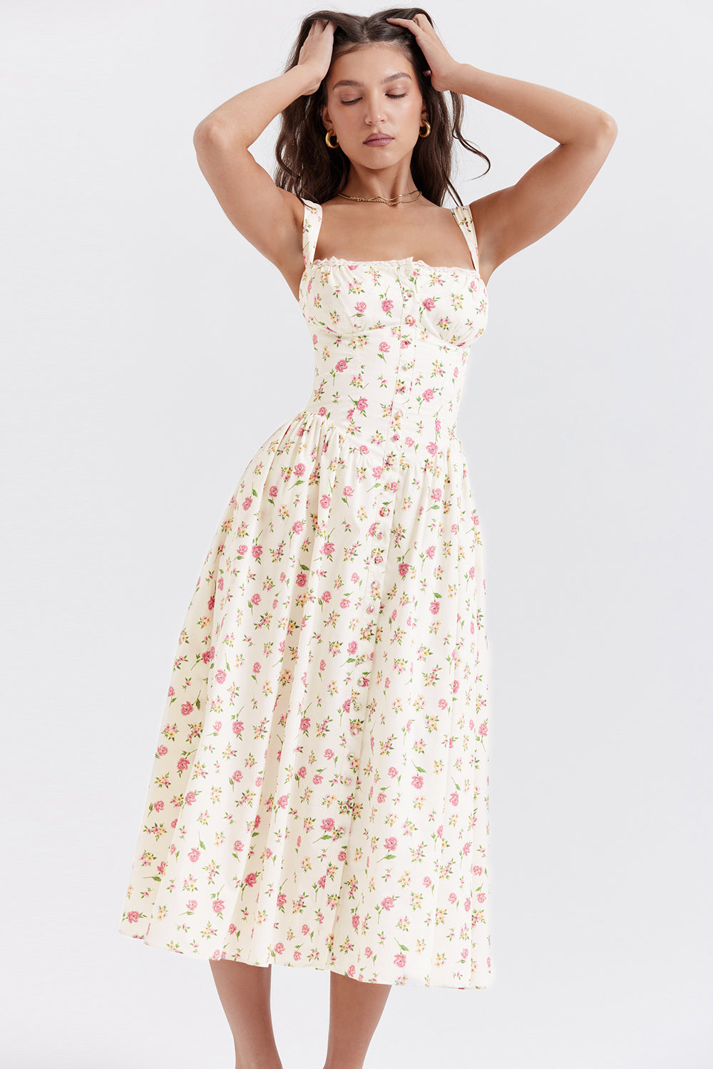 Women's midi dress made of viscose with floral pattern and V-neckline