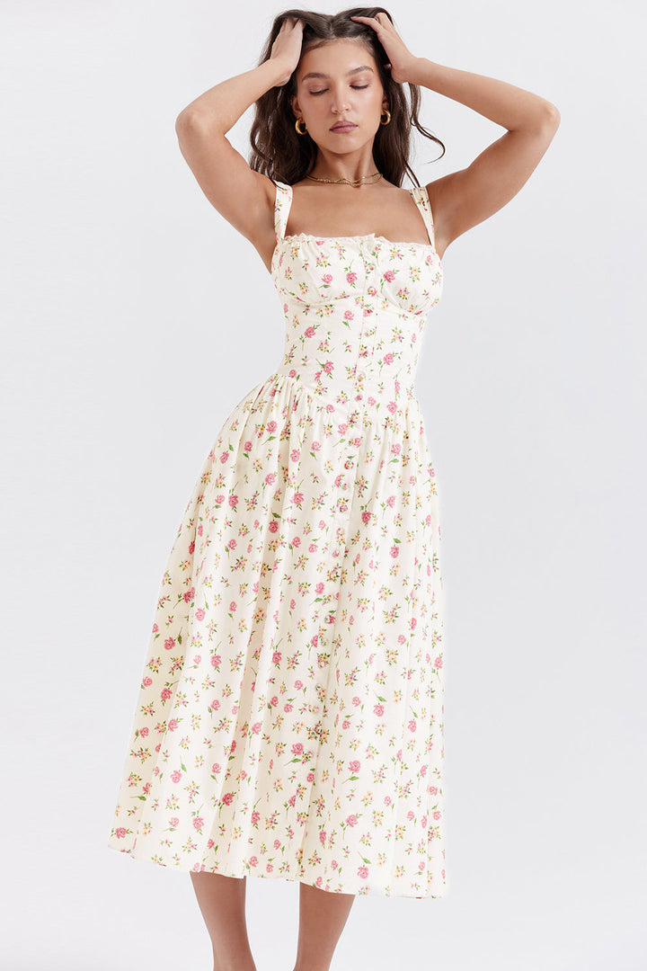 Women's midi dress made of viscose with floral pattern and V-neckline