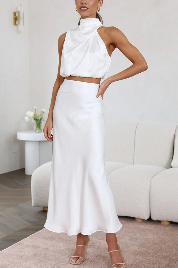 Elegant satin two-piece set – halter top & maxi skirt